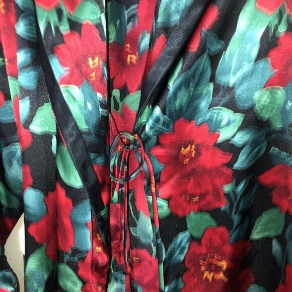 Vintage VICTORIA’S SECRET Long Robe Black Vibrant Red Flowers Satin Sz S - Picture 5 of 11